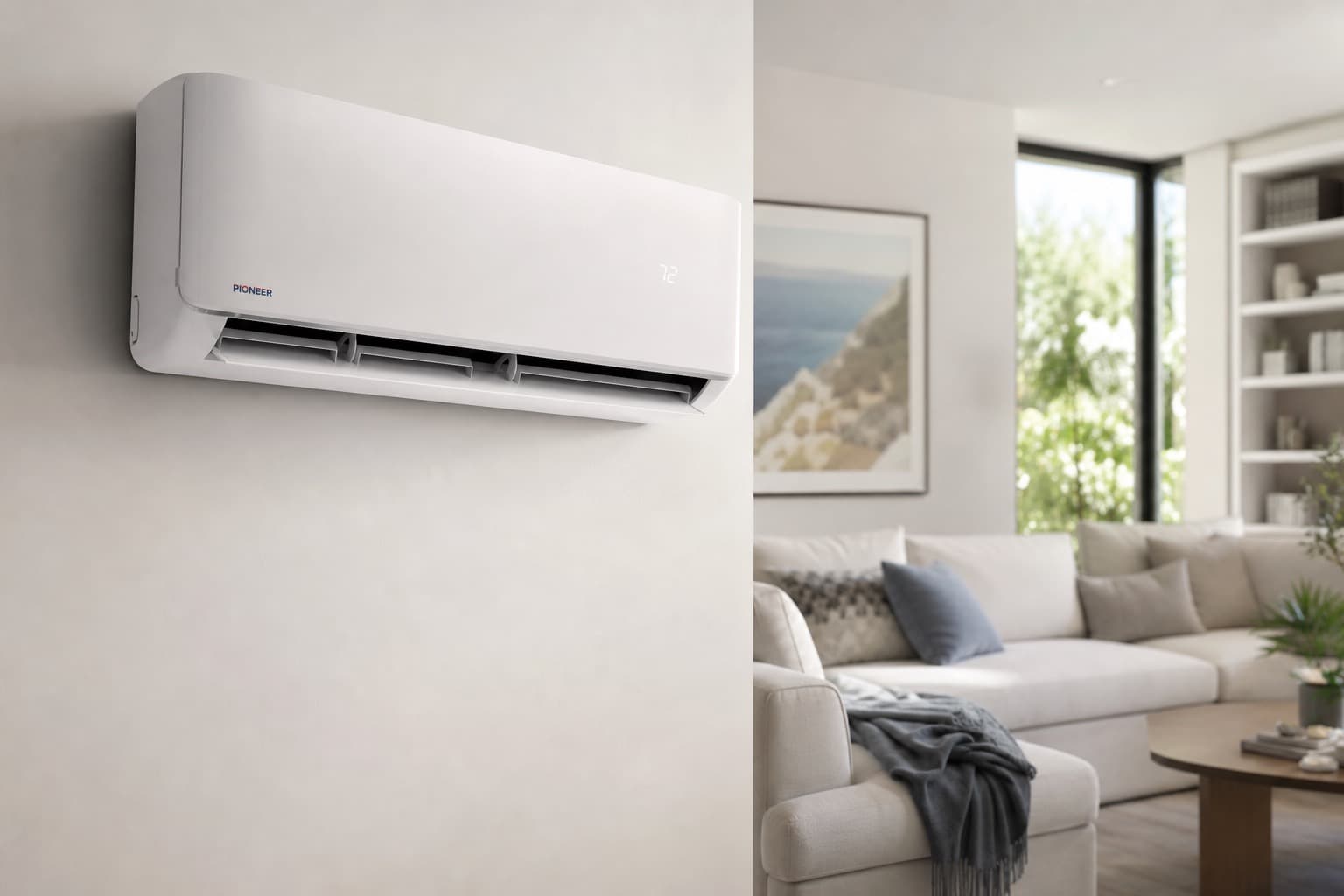 Wall-mounted ductless minisplit in a contemporary living room